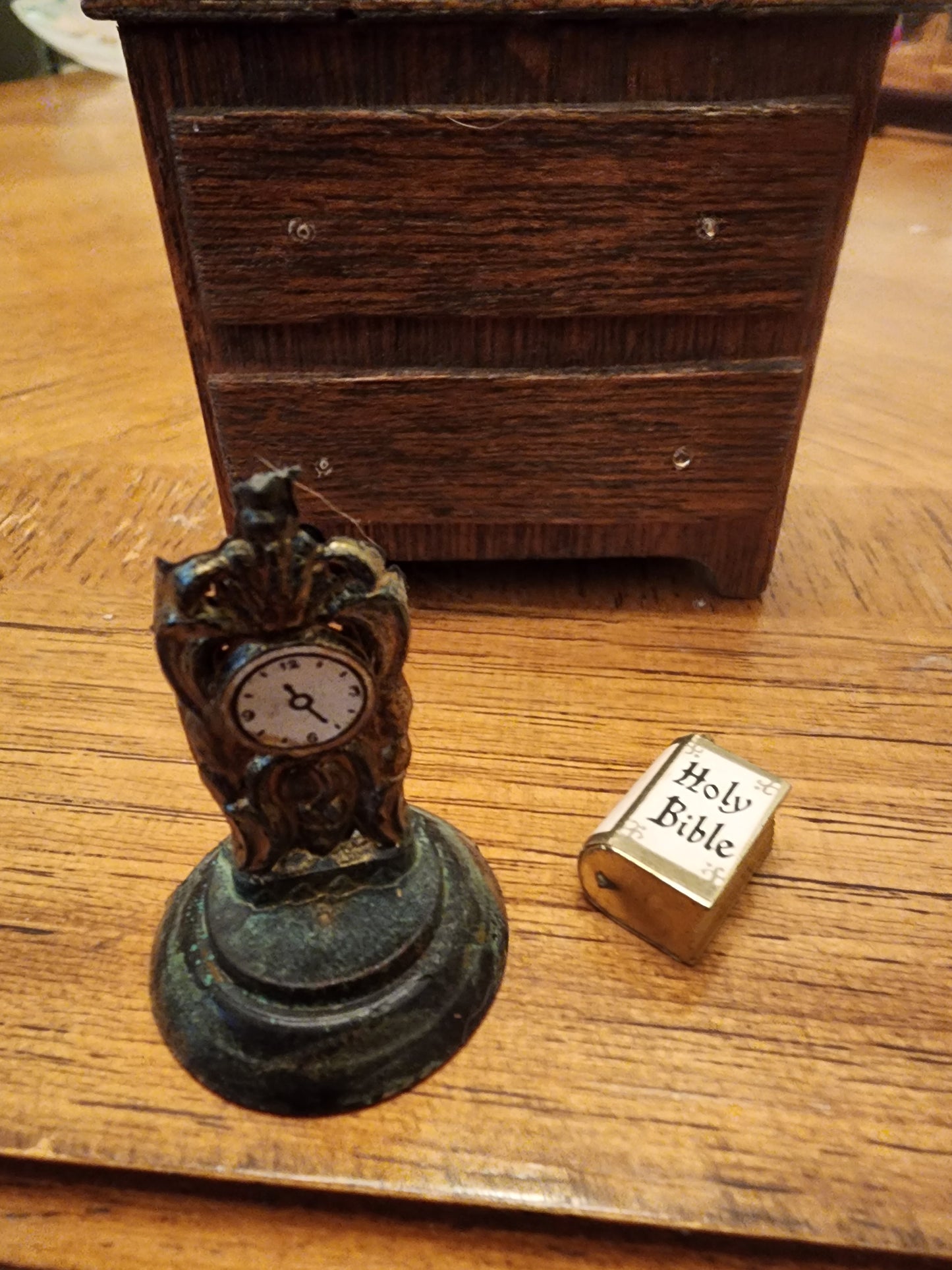 Vintage Dollhouse Wooden dresser with clock & Bible..