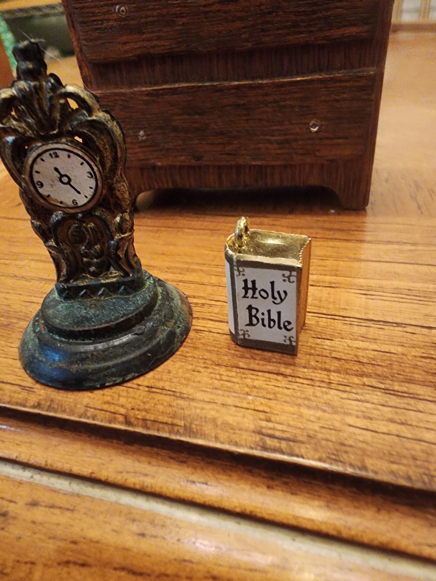 Vintage Dollhouse Wooden dresser with clock & Bible..