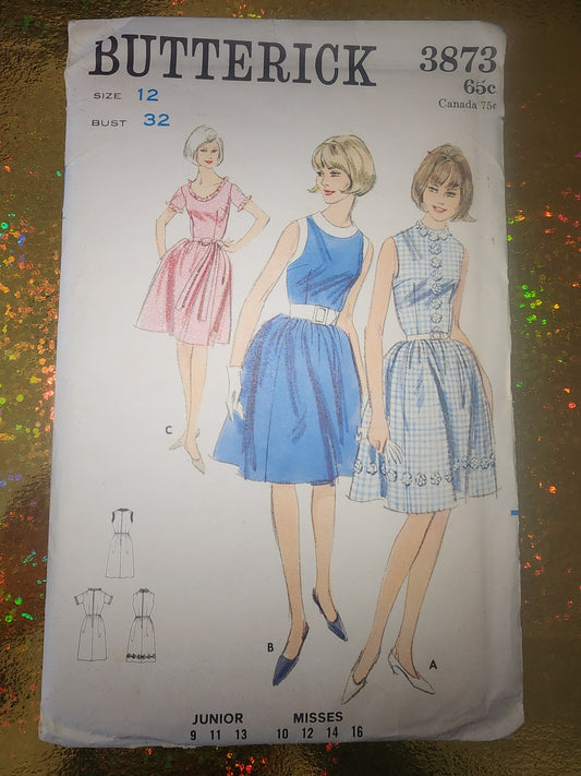 1960'S UNCUT BUTTERICK PATTERN 3873 DRESS SLEEVE NECK CHOICE FULL SKIRT SIZE 12