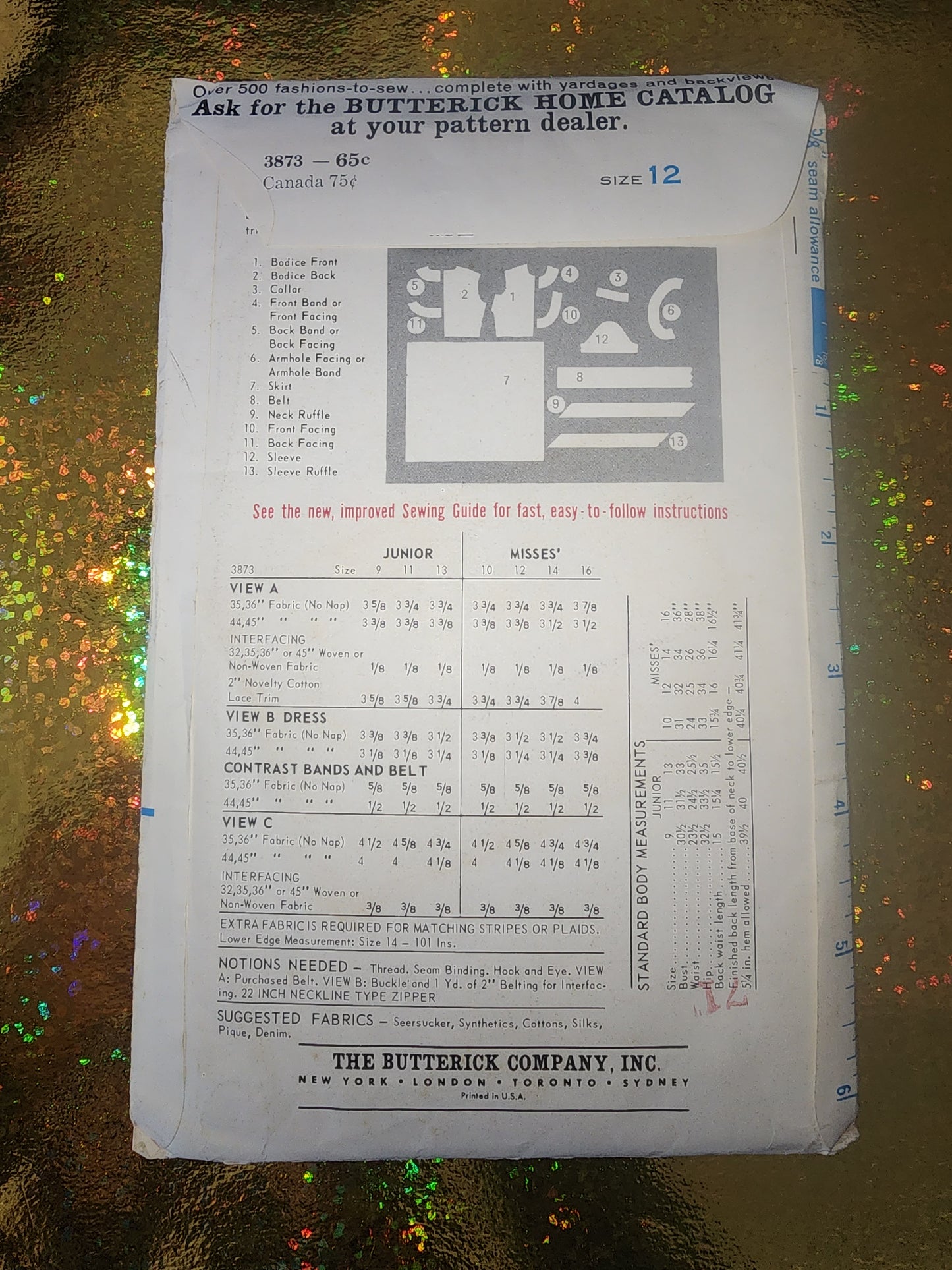 1960'S UNCUT BUTTERICK PATTERN 3873 DRESS SLEEVE NECK CHOICE FULL SKIRT SIZE 12