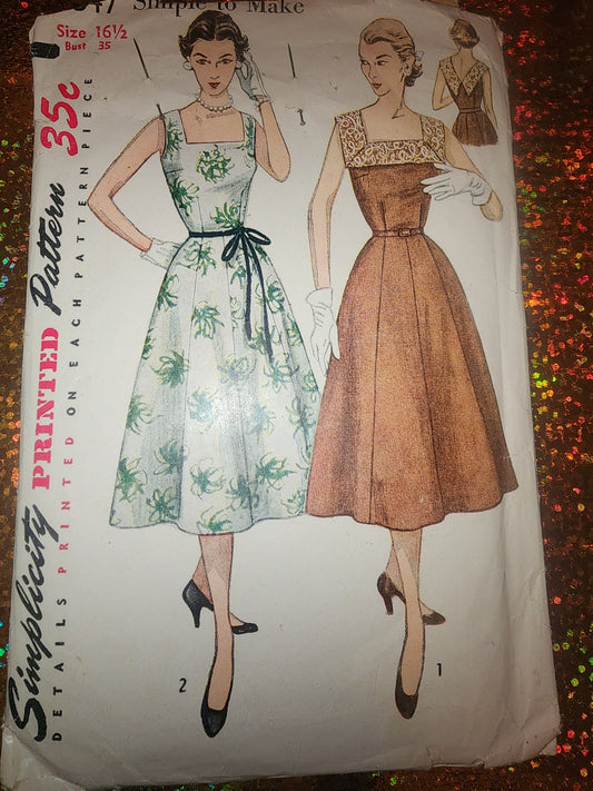 Vintage Simplicity Pattern 4347 square neck dress 1950's, cut pattern