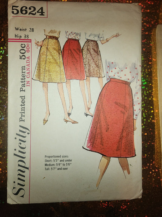 5624 Vintage Simplicity SEWING Pattern Misses 1960s 4 Gored Skirt 25" Waist