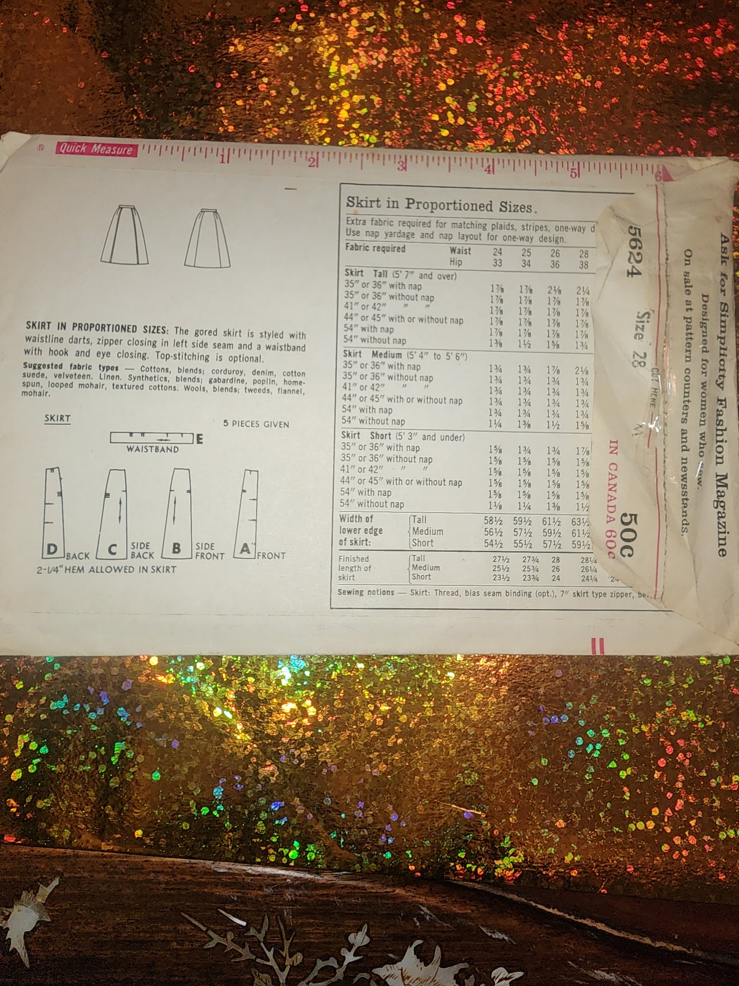 5624 Vintage Simplicity SEWING Pattern Misses 1960s 4 Gored Skirt 25" Waist