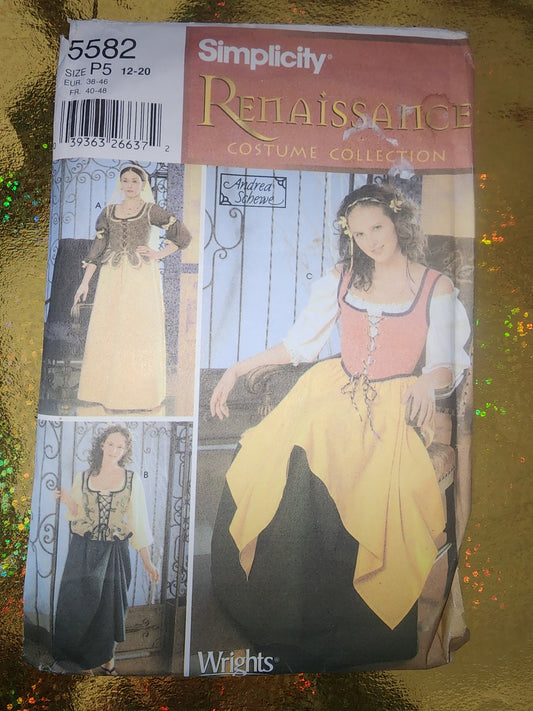 SIMPLICITY 5582 Renaissance  Costume Pattern P5 12 14 16 18 Partially cut to s18