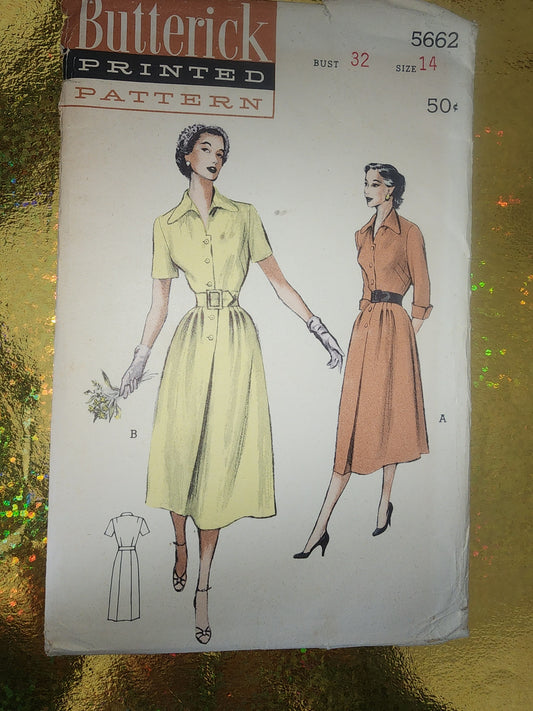 1950s Smart TAILORED Dress Pattern BUTTERICK 5662 Two Figure Flattering Versions size 14 Vintage Sewing Pattern