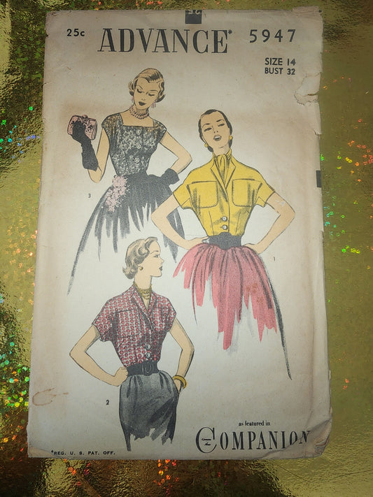 1950s FABULOUS Set of Blouse Patterns ADVANCE 5947 Three Styles, size 14