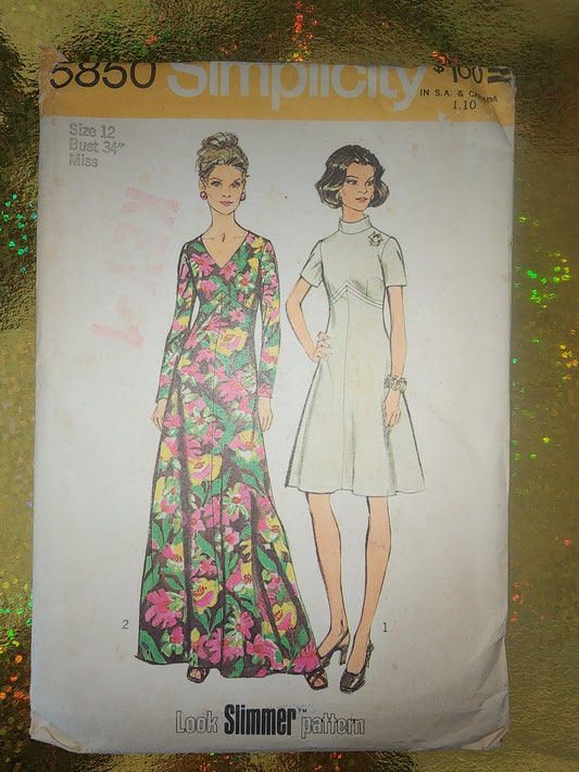 VTG 70's 5850 Simplicity women's dress pattern size 12 bust 32 look slimmer uncut