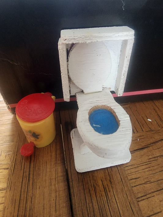 Vintage Wooden toilet and plastic trashcan for Dollhouse