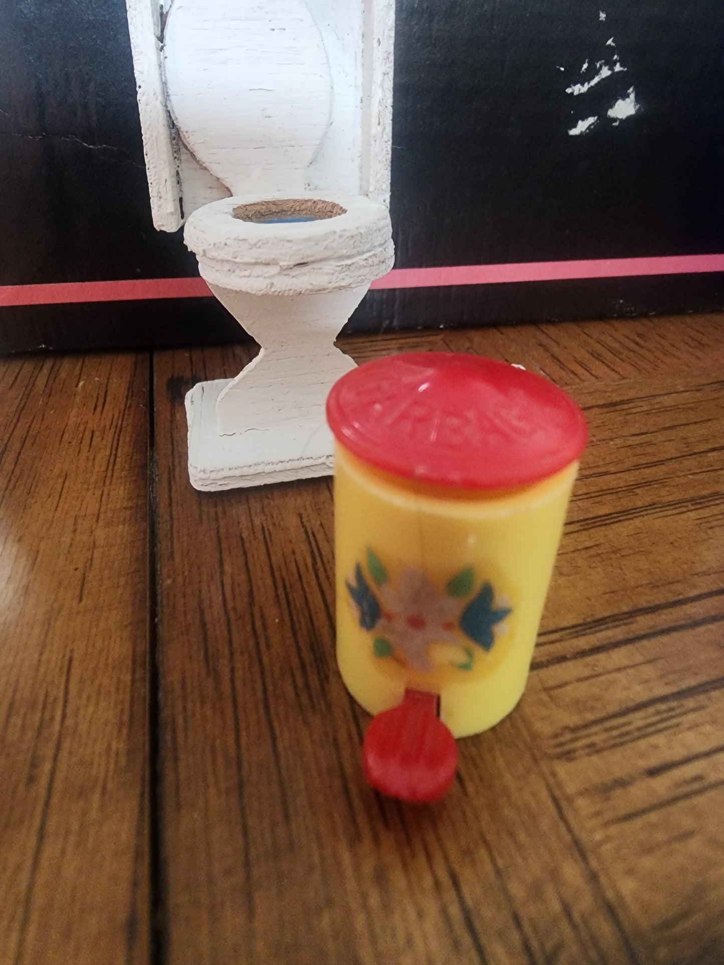 Vintage Wooden toilet and plastic trashcan for Dollhouse