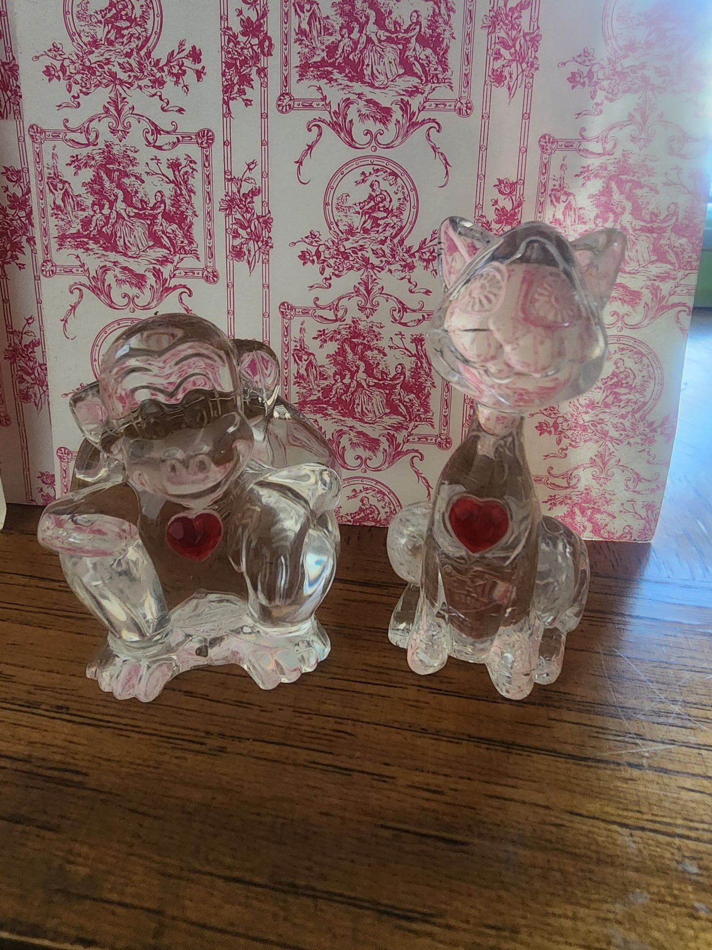 Vintage Crystal Heart Collection Lot, Clear With Red Hearts, Monkey, and Cat