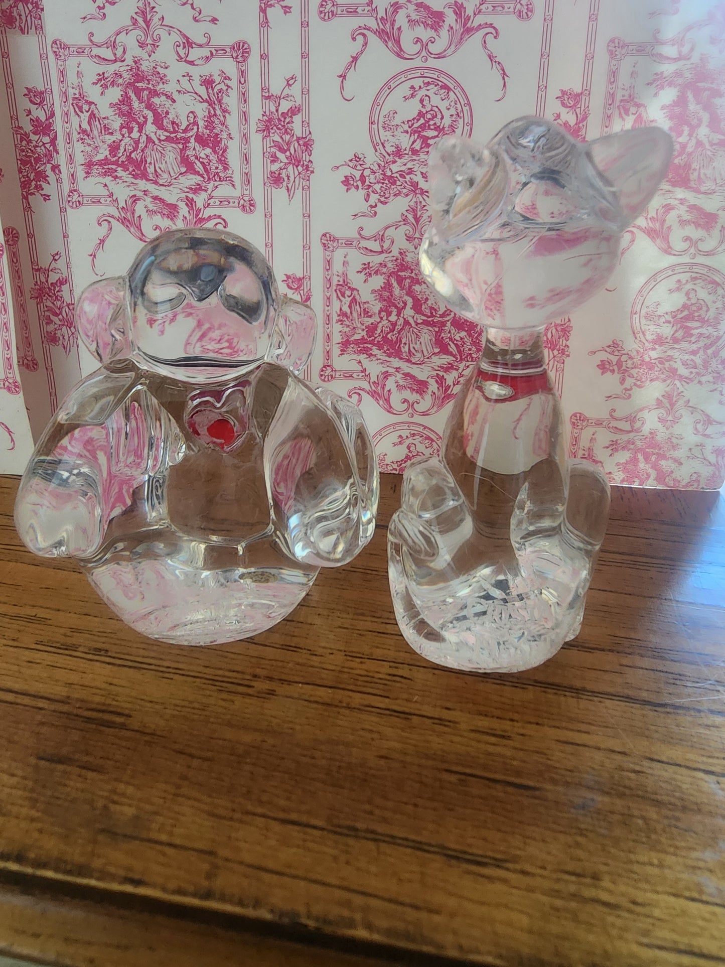 Vintage Crystal Heart Collection Lot, Clear With Red Hearts, Monkey, and Cat