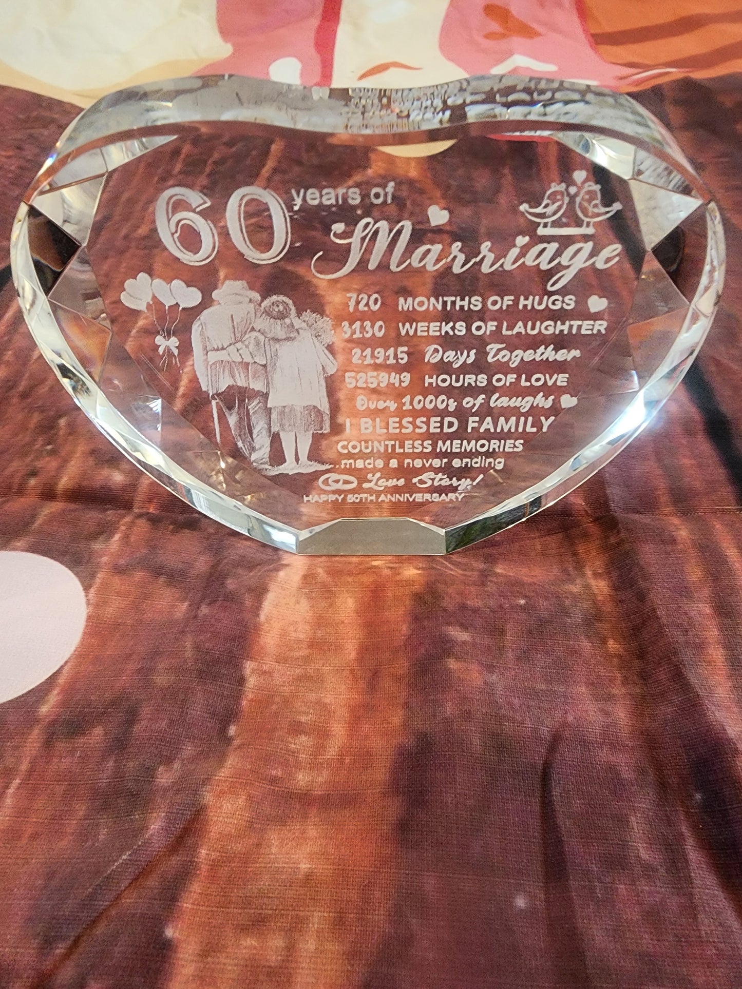 60th Wedding Anniversary Crystal Heart Gifts for Parents Couples