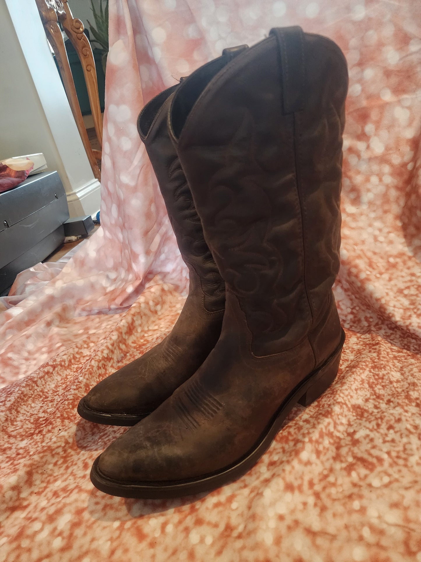 Old West Men' Brown Leather Western Cowboy Boots, Size 11.5 D,