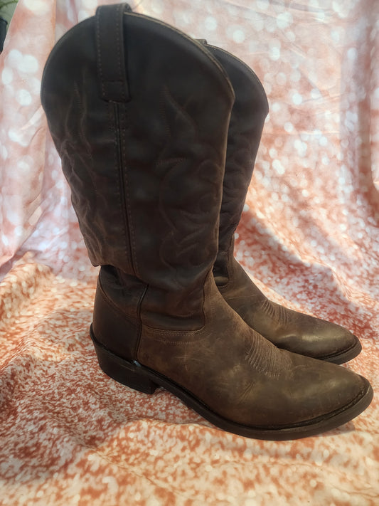 Old West Men' Brown Leather Western Cowboy Boots, Size 11.5 D,