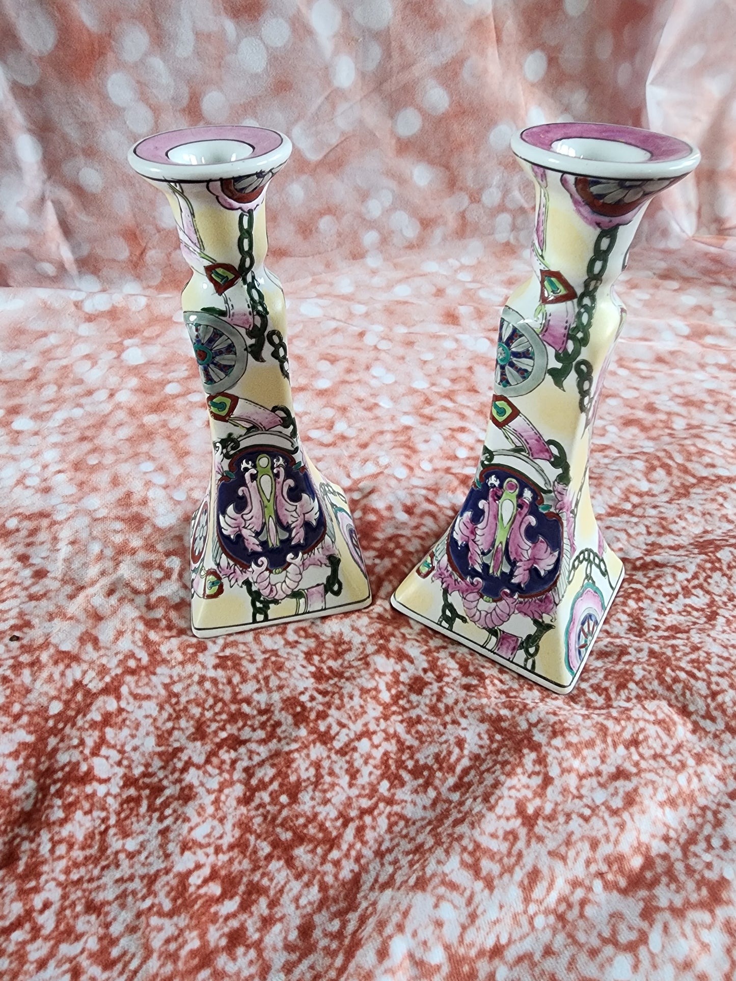 Vintage Capo Style Hand Painted Designer  Candle Candlestick Holders 8.5"