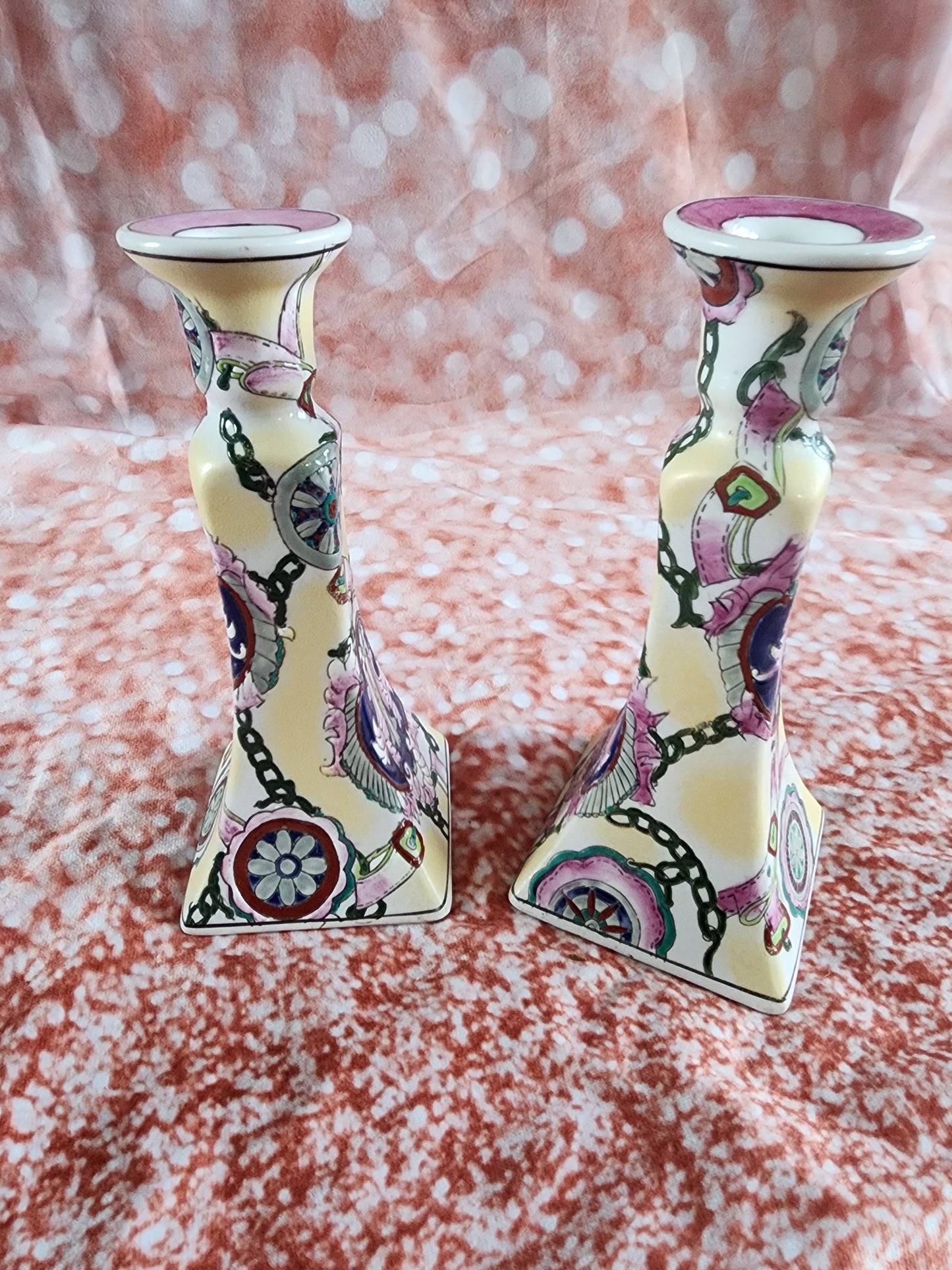 Vintage Capo Style Hand Painted Designer  Candle Candlestick Holders 8.5"