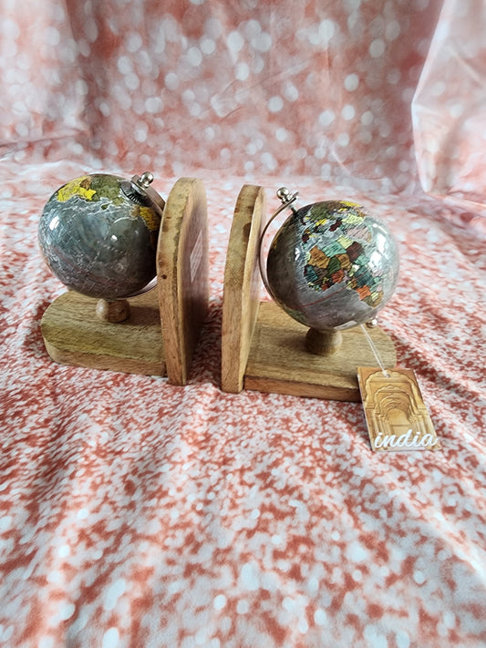 Pair of Globe wood Bookends Old World Map Spinning