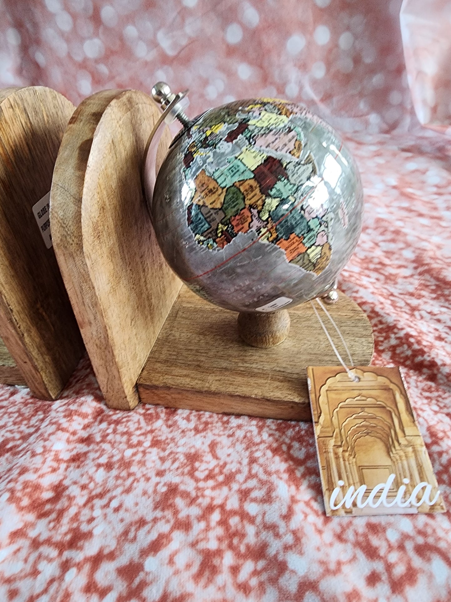 Pair of Globe wood Bookends Old World Map Spinning