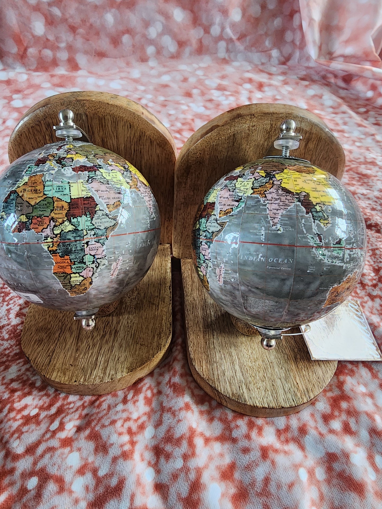 Pair of Globe wood Bookends Old World Map Spinning