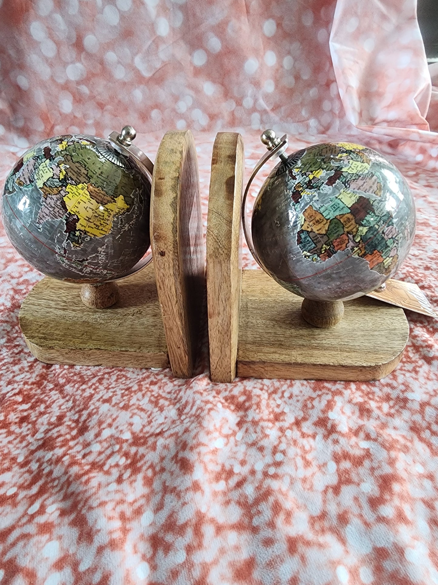 Pair of Globe wood Bookends Old World Map Spinning