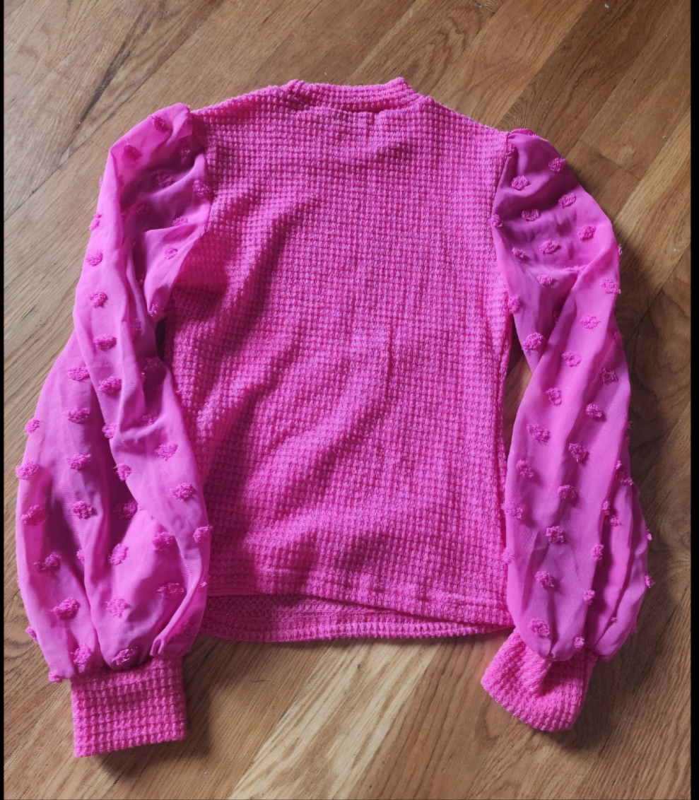 Frenchy Women Hot Pink Color  crew Neck Sheer sleeves with pink pom poms

size S