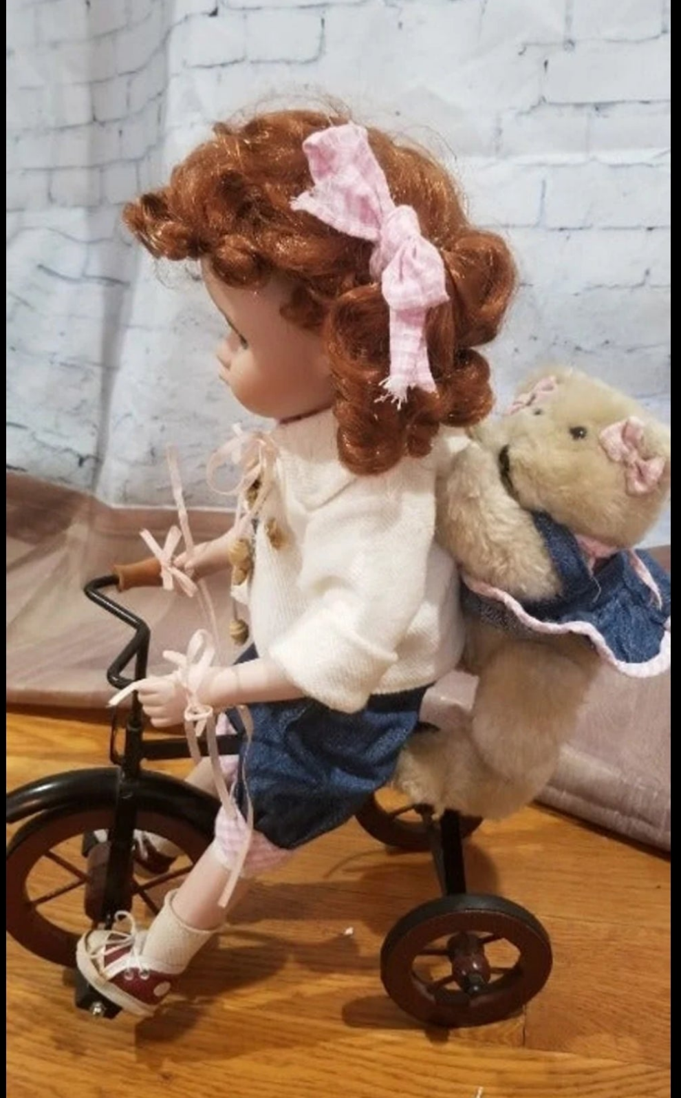 Adorable Porcelain Red-Headed Molly Doll with Teddy Bear on tricycle by Geppeddo