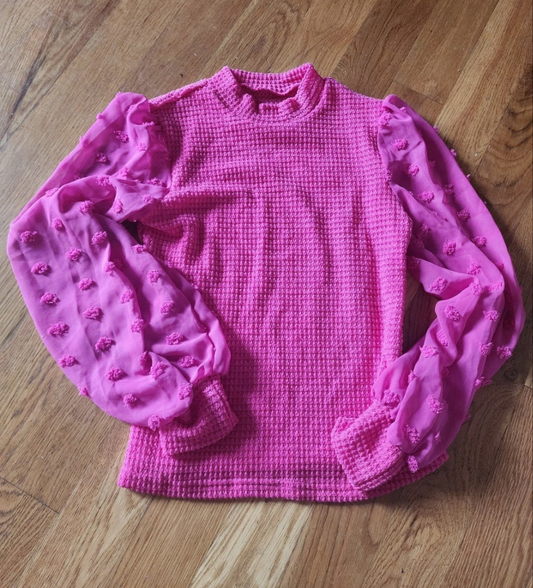 Frenchy Women Hot Pink Color  crew Neck Sheer sleeves with pink pom poms

size S