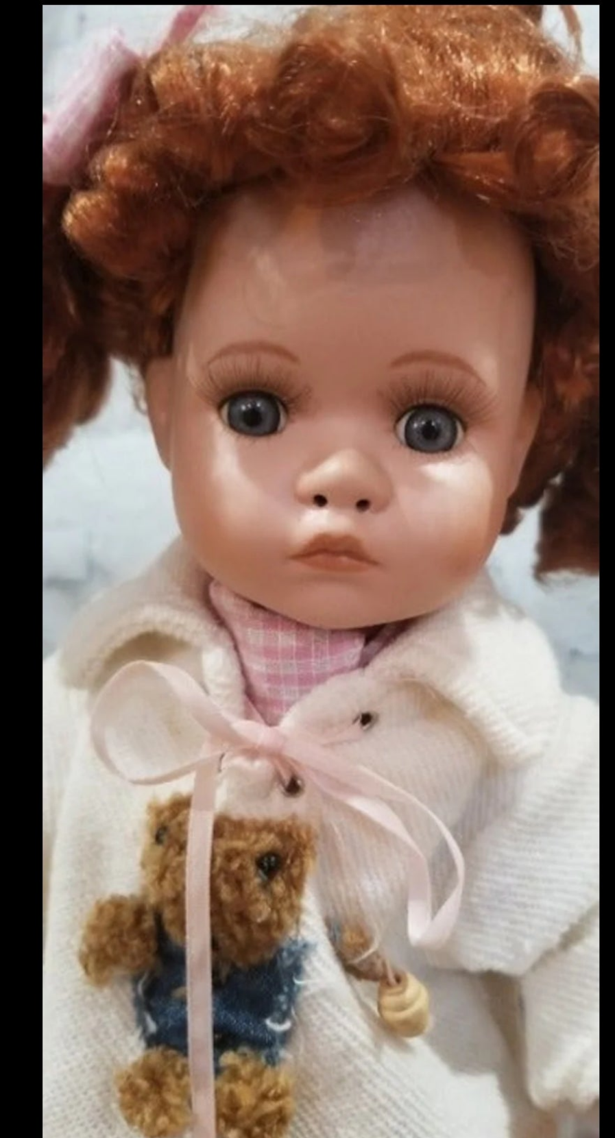 Adorable Porcelain Red-Headed Molly Doll with Teddy Bear on tricycle by Geppeddo