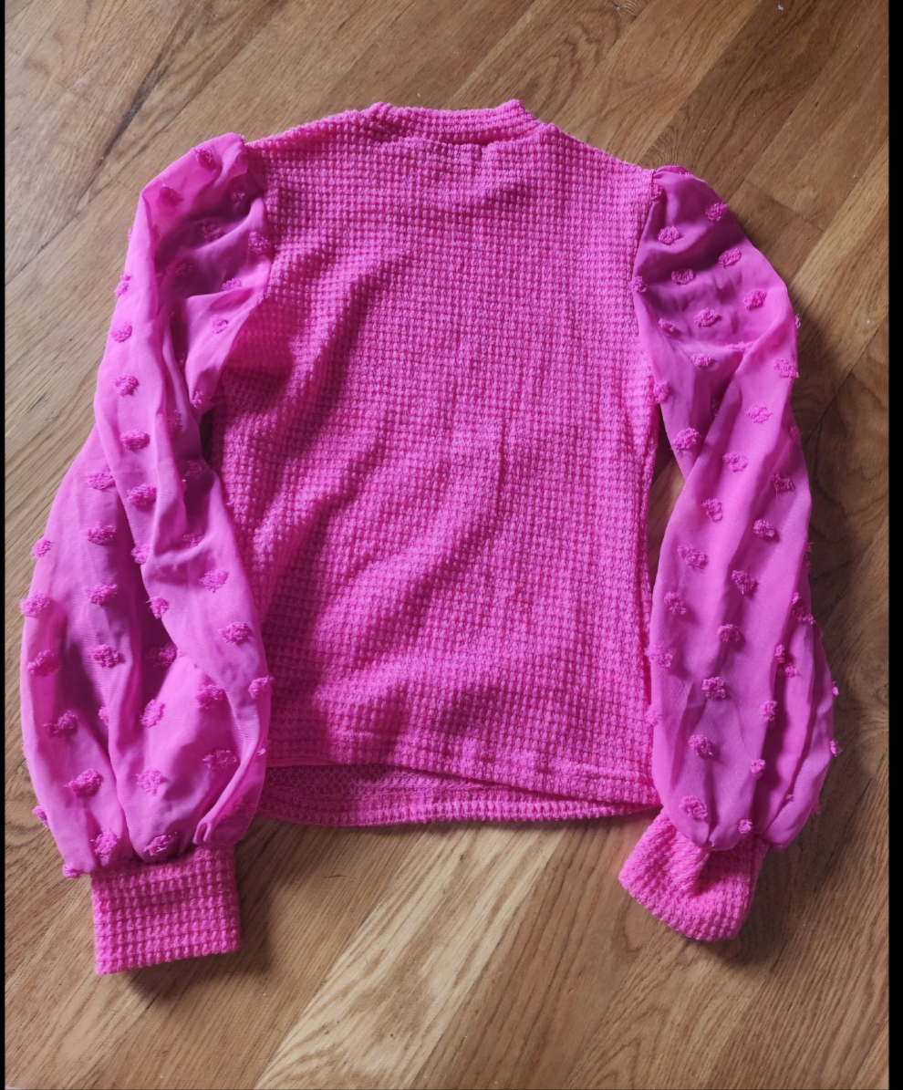 Frenchy Women Hot Pink Color  crew Neck Sheer sleeves with pink pom poms

size S