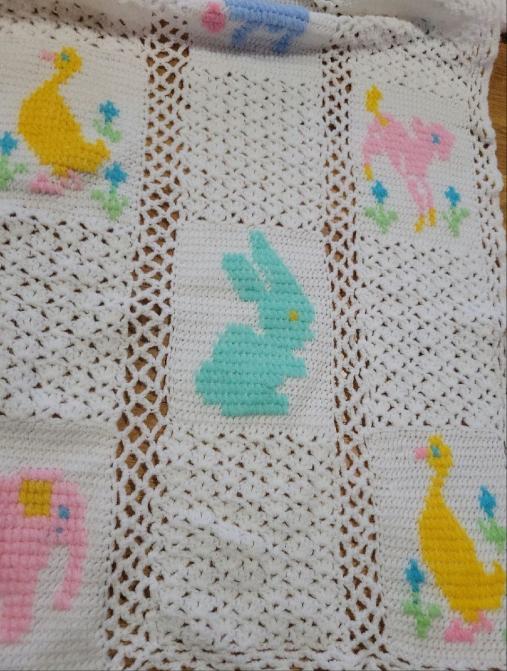 Vintage Easter Baby Crochet Quilt with animals rabbits ducks