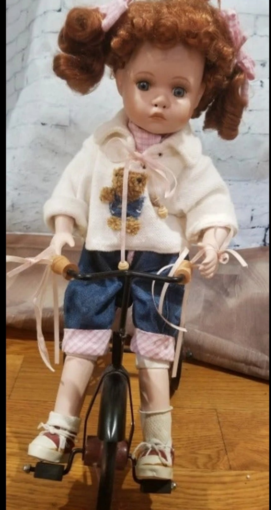 Adorable Porcelain Red-Headed Molly Doll with Teddy Bear on tricycle by Geppeddo