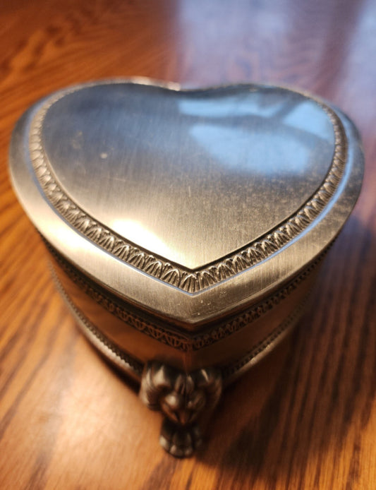 Heart Shape Pewter Metal Jewelry Box Lion Face & Paw Footed