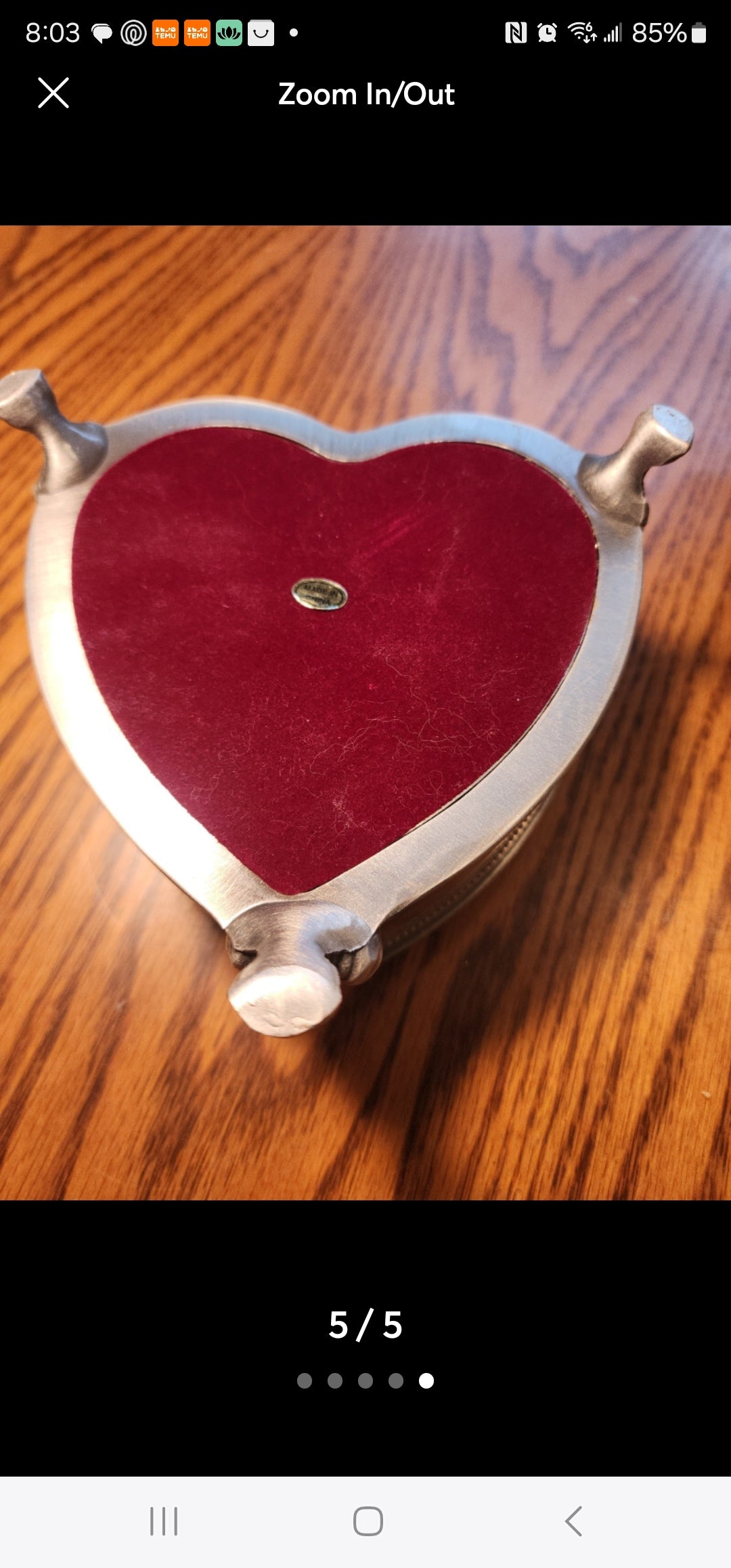 Heart Shape Pewter Metal Jewelry Box Lion Face & Paw Footed