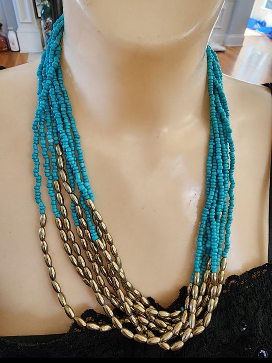 Vintage Multi-Strand Beaded Necklace Turquoise and gold tone Beads