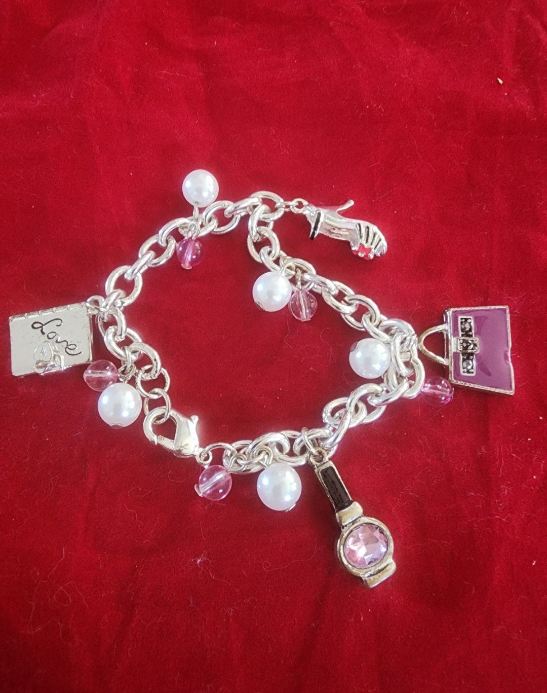 Silver Tone Charm Bracelet with pearl & Pink  beads and Charms