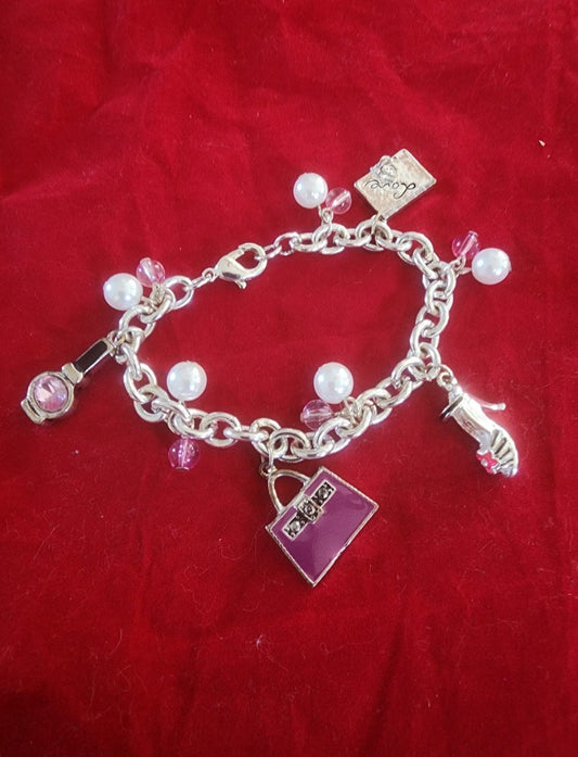 Silver Tone Charm Bracelet with pearl & Pink  beads and Charms