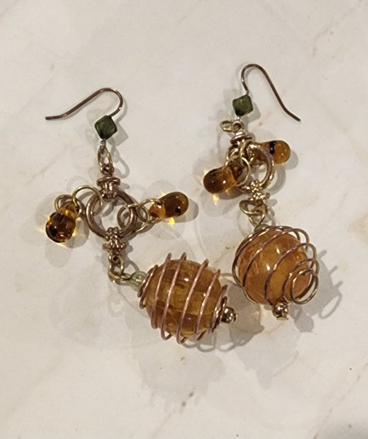 Vintage boho Dangle Earrings with Amber  and green beads wrapped with wire