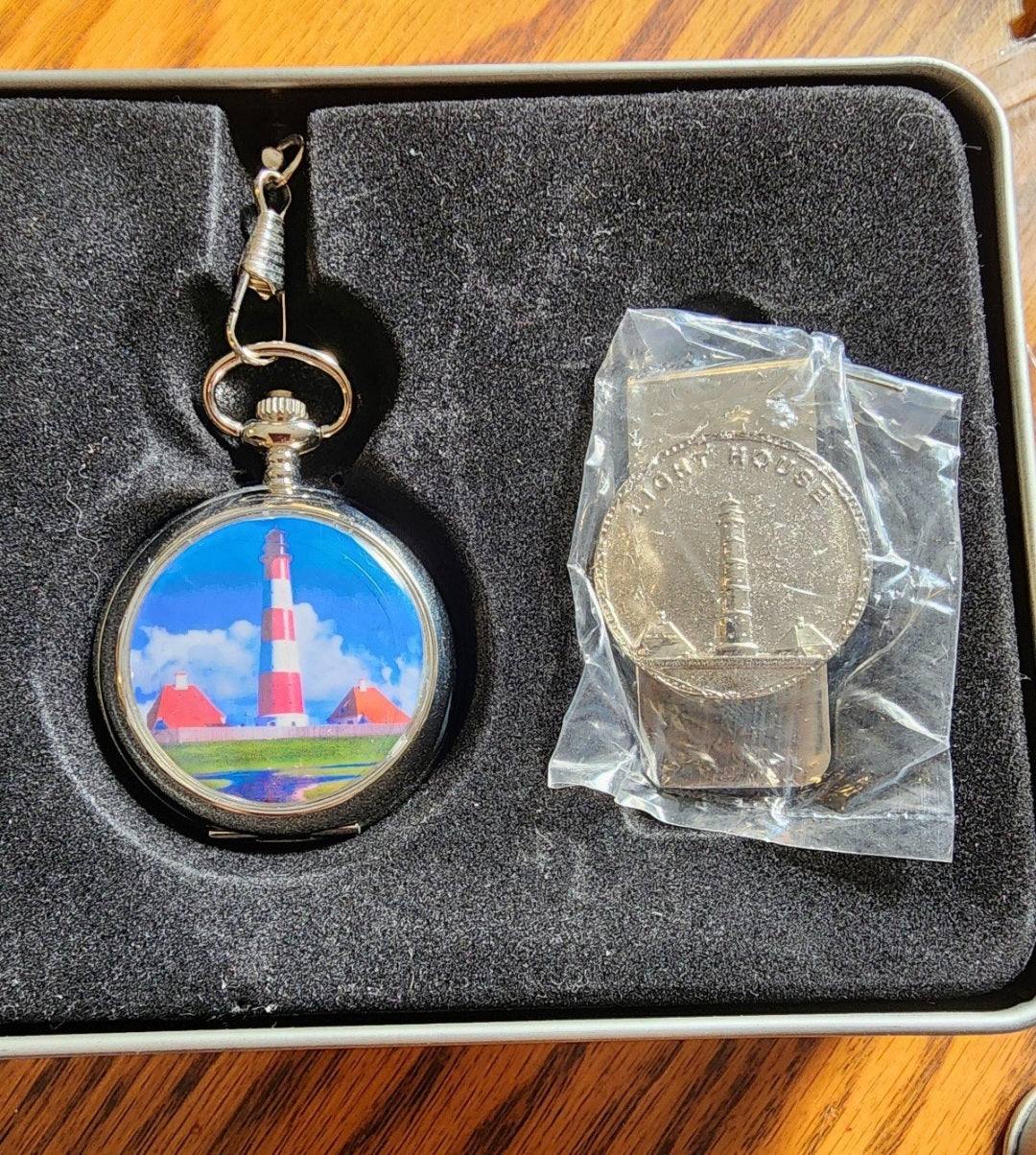 Lighthouse Pocket Watch and Money Clip in Tin Box