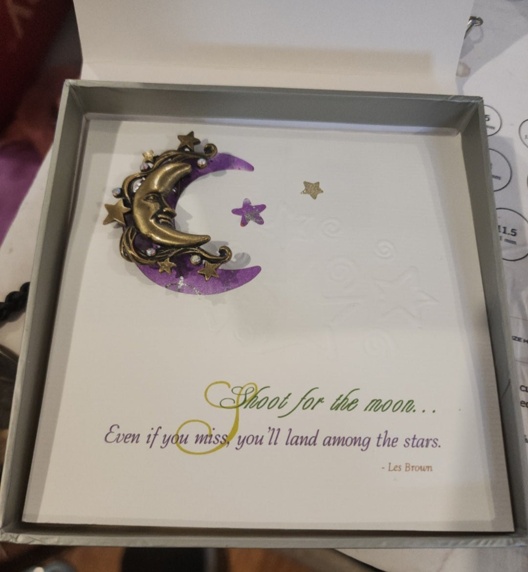 Moon & Stars Brooch / Pin with Shoot for the Stars Inspiration Card