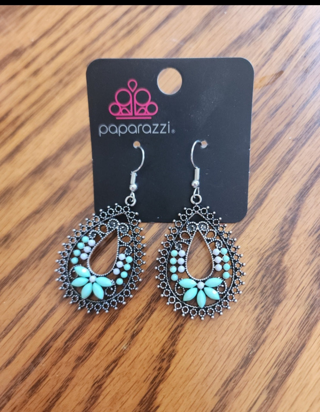 Paparazzi Earrings Teal and antique silver color