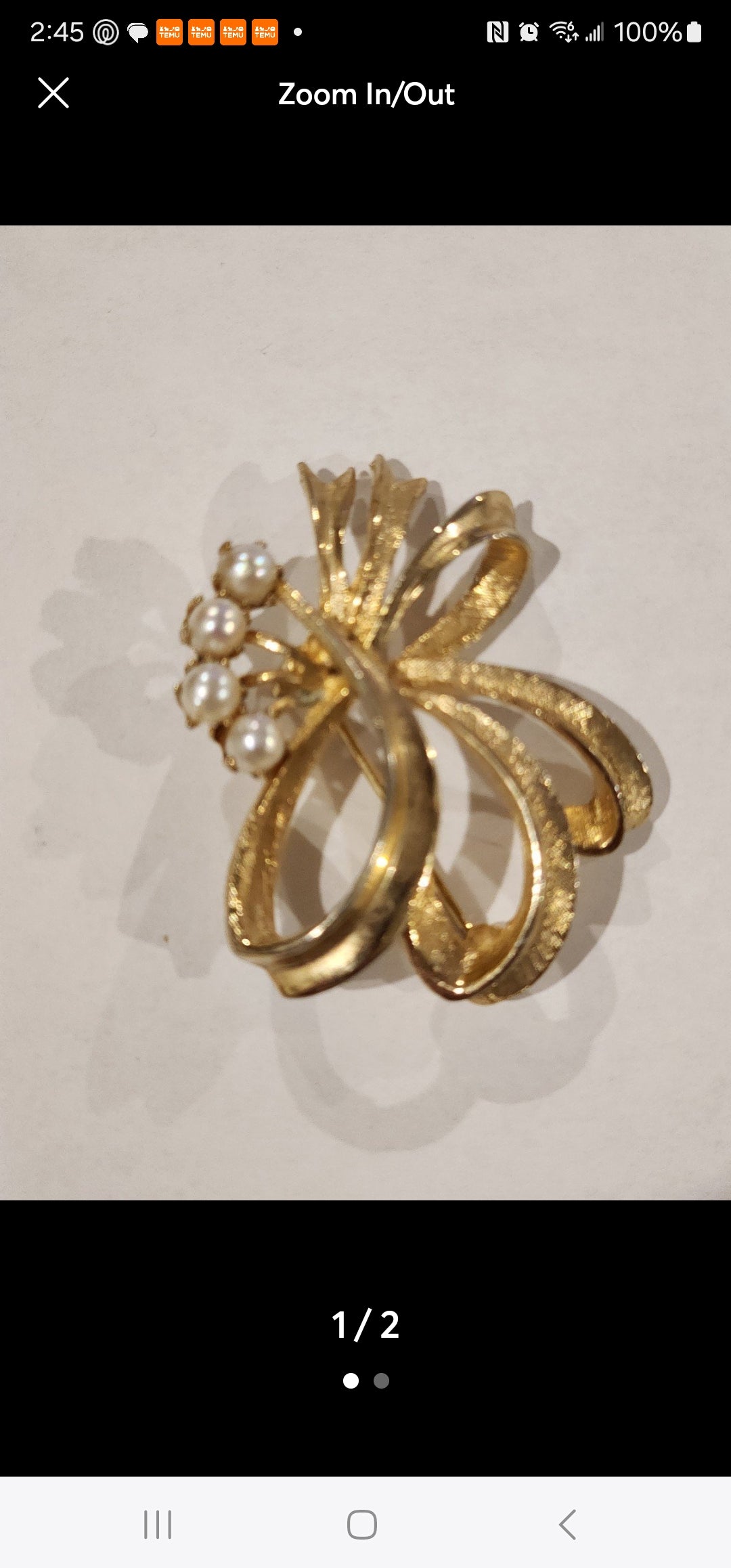 Elegant Vintage Bow Brooch Gold Tone with Pearls