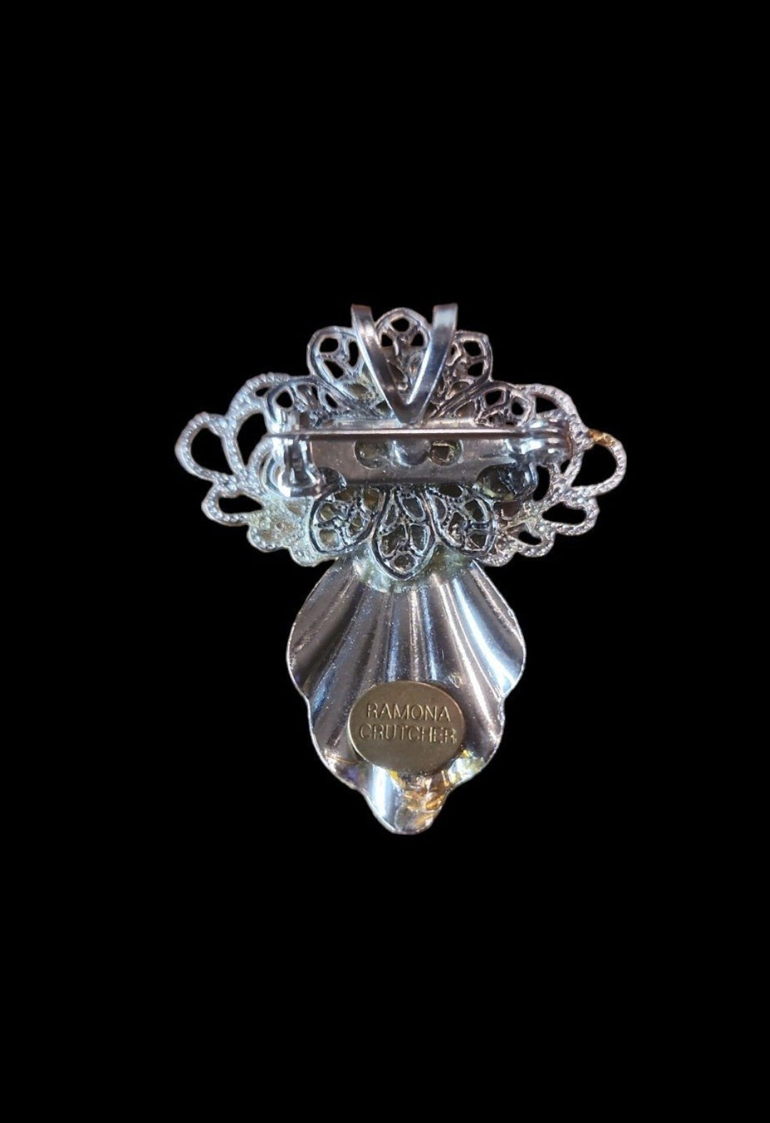 Ramona Crutcher silver toned vintage angel pendant brooch