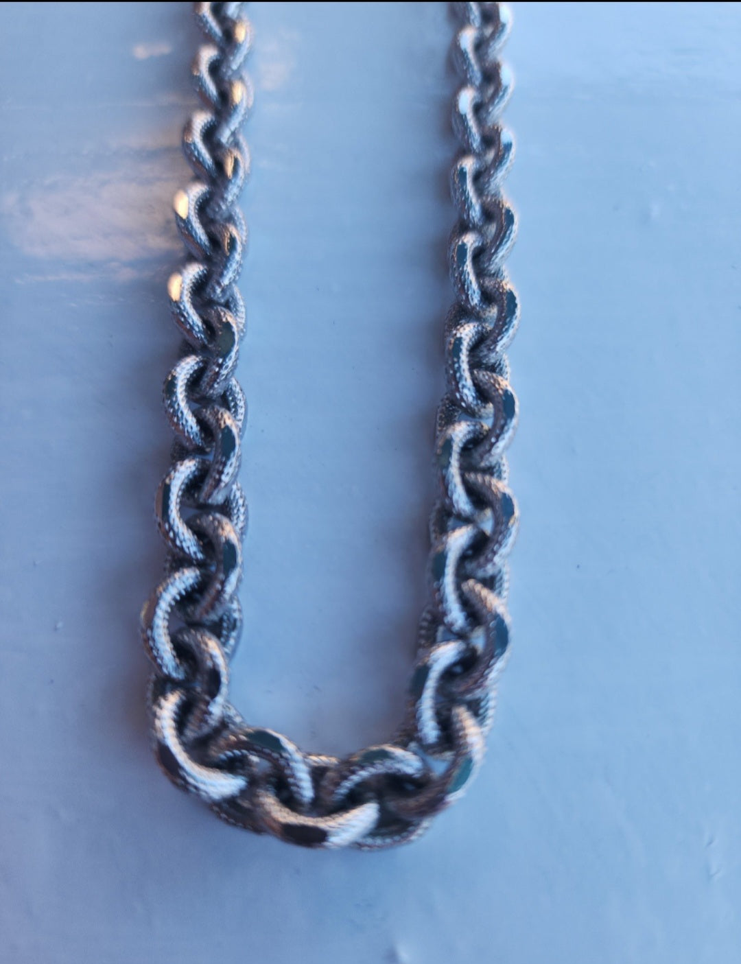 Designer by Crown Trifari, necklace, double link silver tone 38 inches.