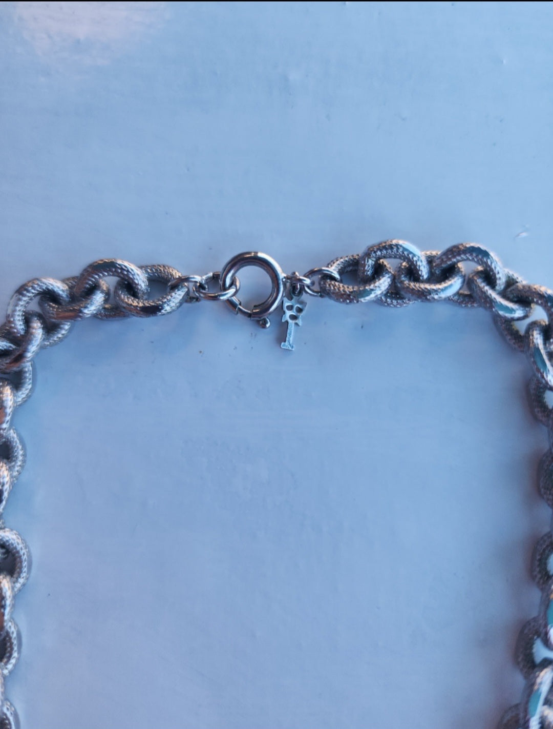 Designer by Crown Trifari, necklace, double link silver tone 38 inches.