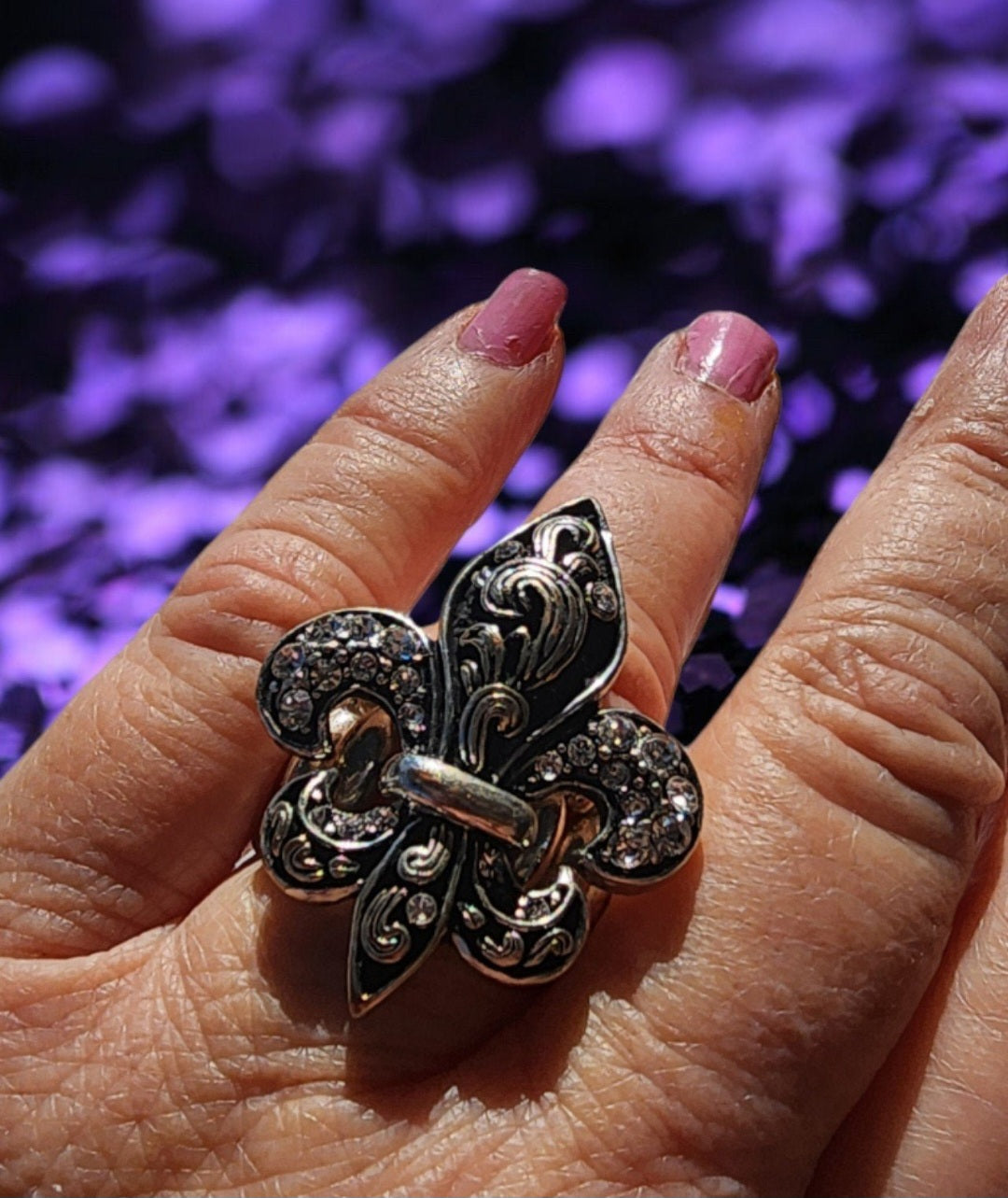 Fleur De Lis Bangle Bracelet & Ring with Rhinestones