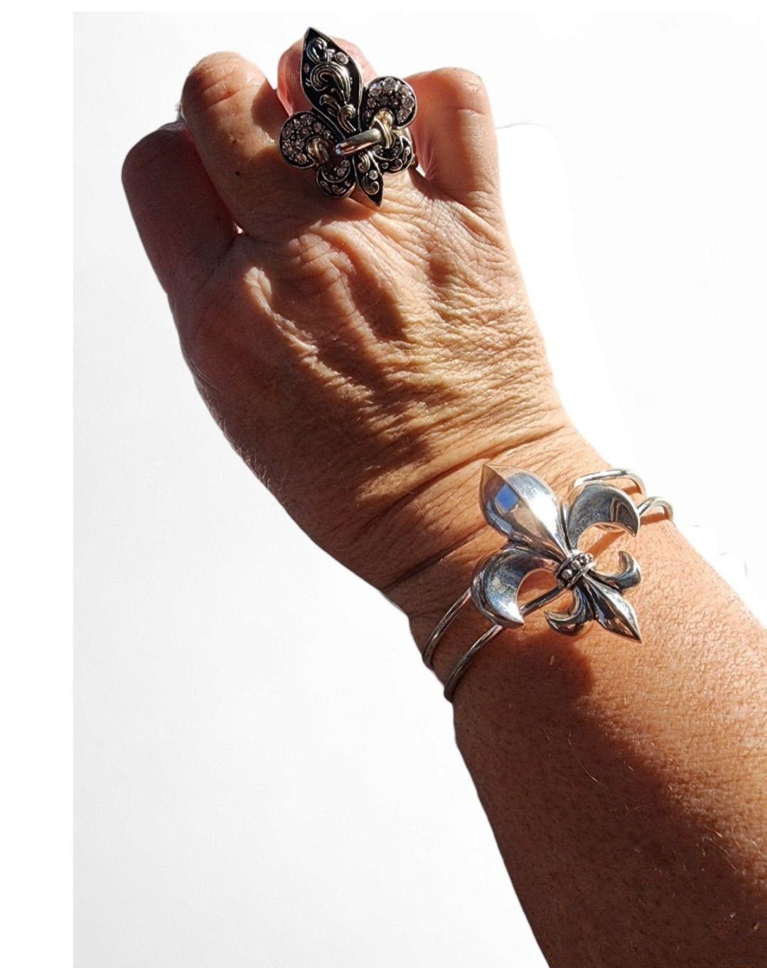 Fleur De Lis Bangle Bracelet & Ring with Rhinestones