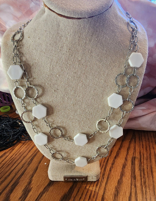 Silver Tone Necklace with White octagon beads light weight