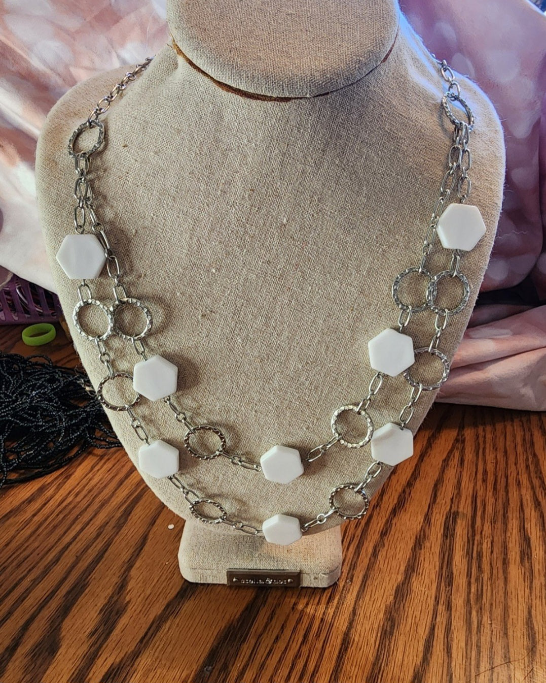 Silver Tone Necklace with White octagon beads light weight