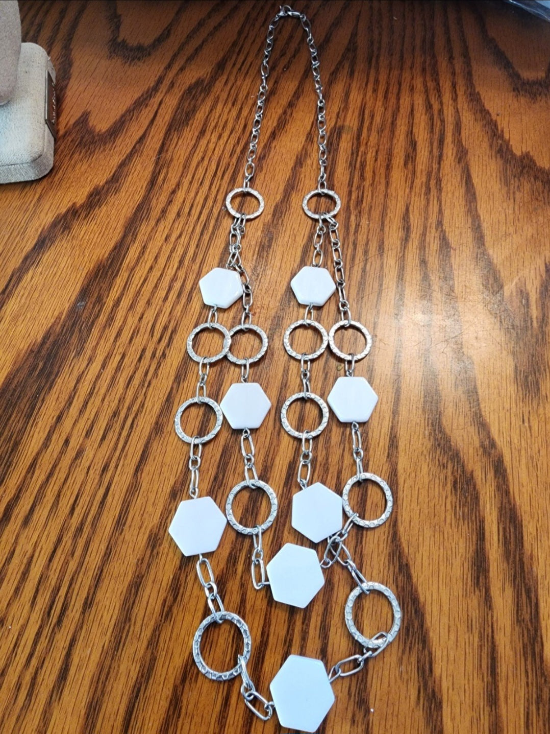 Silver Tone Necklace with White octagon beads light weight