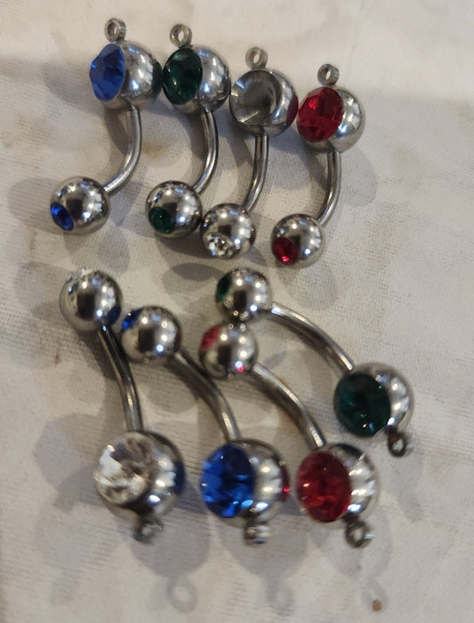 Sparkling Lot of 8 Double Jewel Belly button Rings 2 Faux Diamond, 2 firey reds  2 vibrant blues, 2 emerald greens.